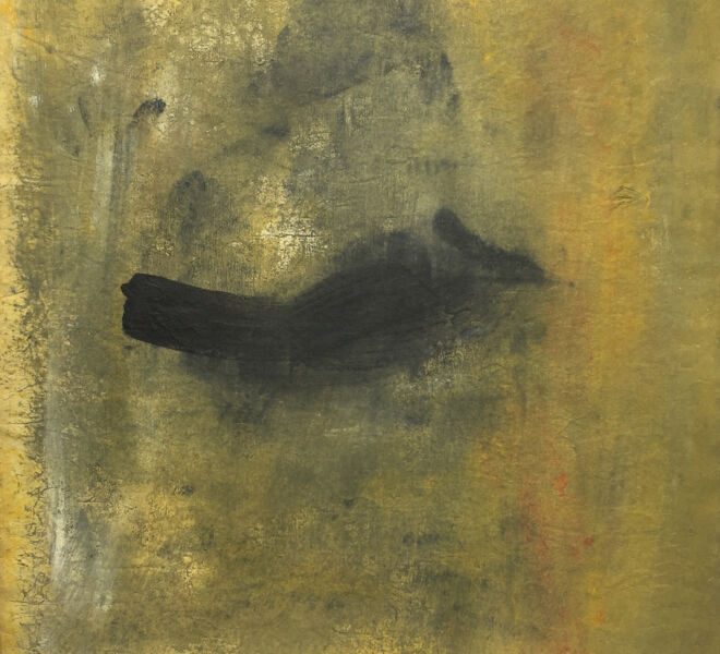 Crow in Field, 1987, Acrylic on washi, 26.5” × 25”