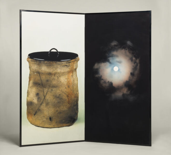Moon and Mizusashi, 2007–2011, watercolor, acrylic on paper mounted on folding screen, 66.5” x 70”